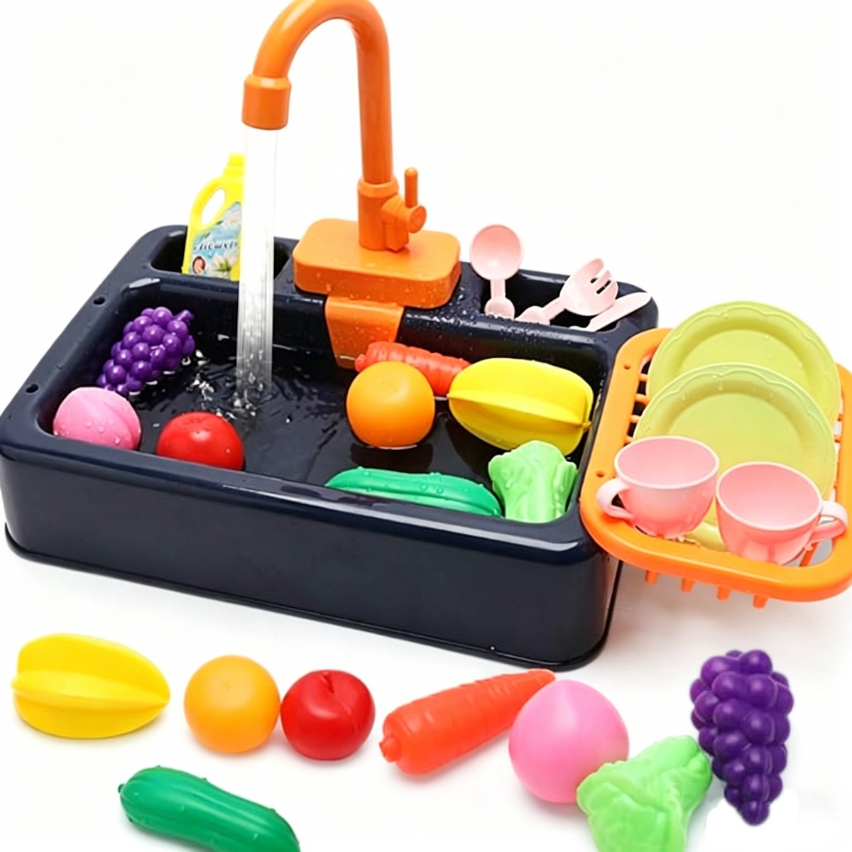 Kinderspeelgoedset met realistische wastafel (met stromend water) - Educatief cadeau voor jongens en meisjes - Realistische wastafelsimulatie - Wastafel met kraan en afvoer (blauw)