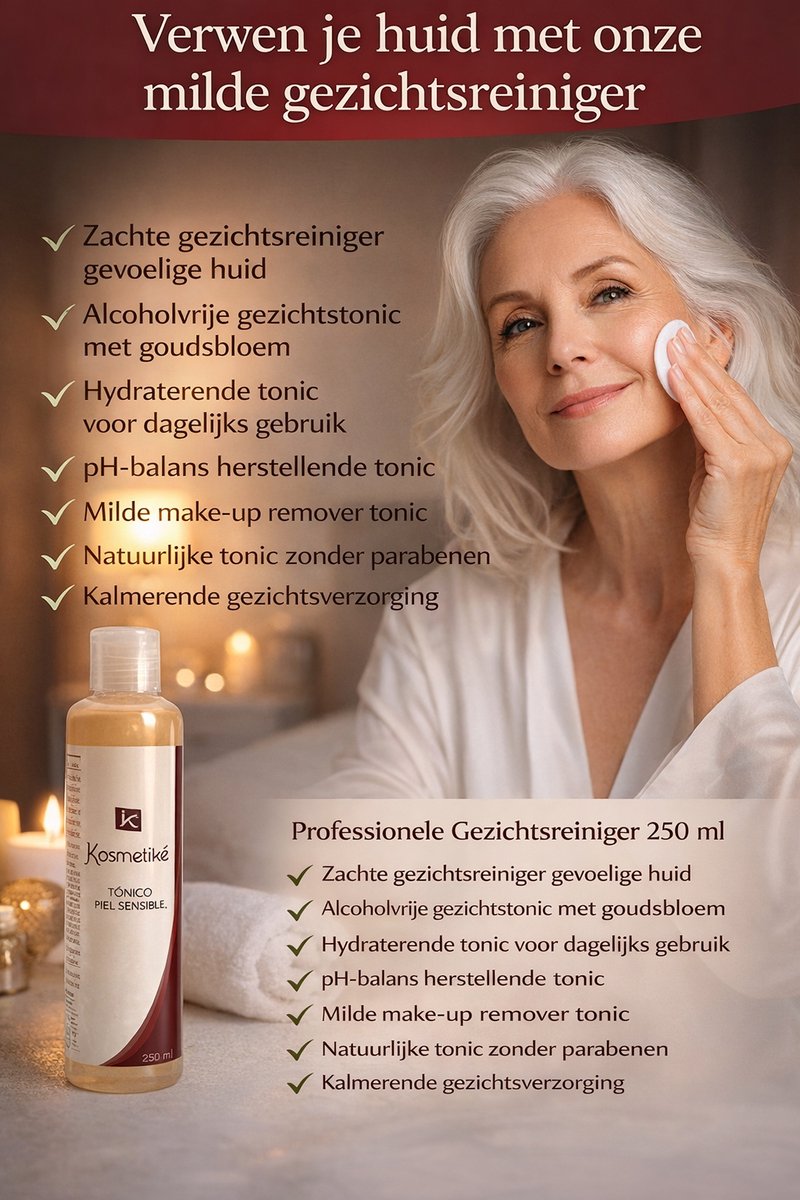 PROFESSIONELE GEZICHTSREINIGER 250 ML  ZACHTE & HYDRATERENDE TONIC  ALCOHOLVRIJE GEZICHTSTONIC MET GOUDSBLOEM  PH-BALANS HERSTELLENDE TONIC  MILDE MAKE-UP REMOVER  NATUURLIJKE TONIC ZONDER PARABENEN  KALMERENDE GEZICHTSVERZORGING