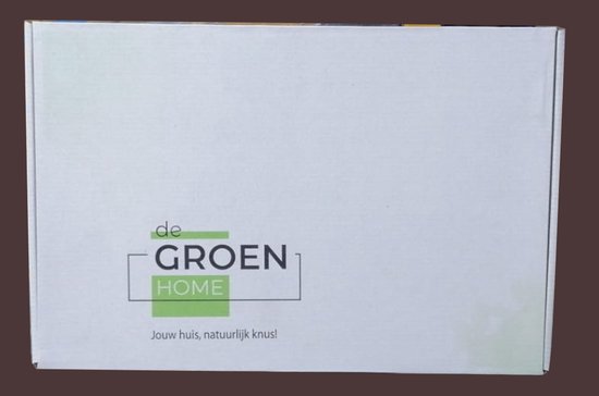 Doos met "de GROEN HOME" logo en tekst "Jouw huis, natuurlijk knus!"