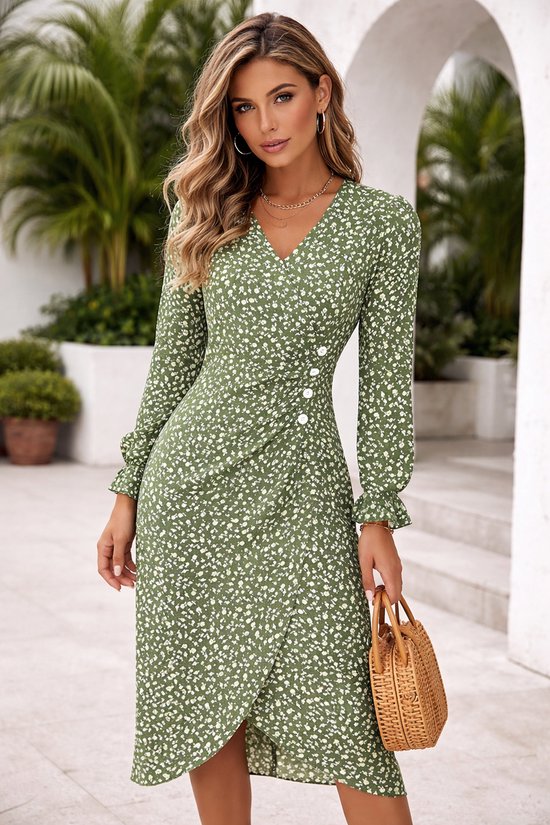 Groene bloemenjurk dames midi jurk wikkel look V-hals lange mouw maat L / XL