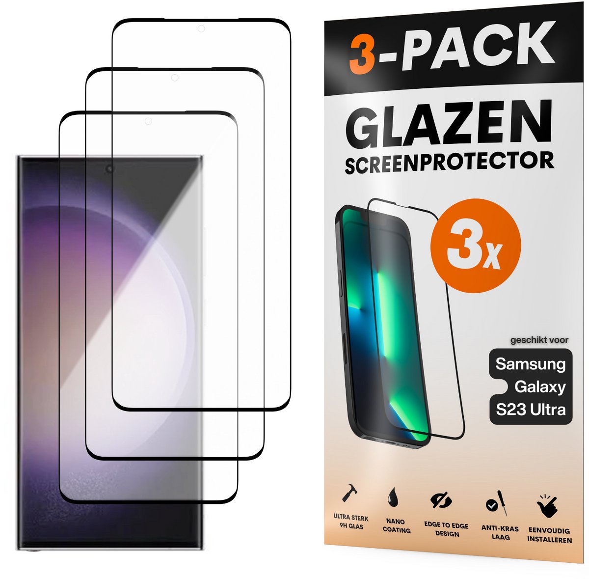 Screenprotector - Geschikt voor Samsung Galaxy S23 Ultra - Gehard Glas - Full Cover Tempered Glass - Case Friendly - 3 Pack