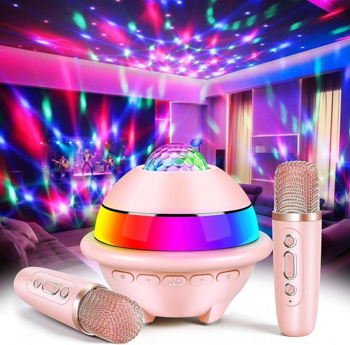 JONRRYIN Karaoke-installatie met 2 microfoons, draagbare bluetooth-karaoke-machine voor kinderen, met discolicht en 5 geluidseffecten, bluetooth-luidspreker voor kinderen, muziekcadeau, speelgoed voor