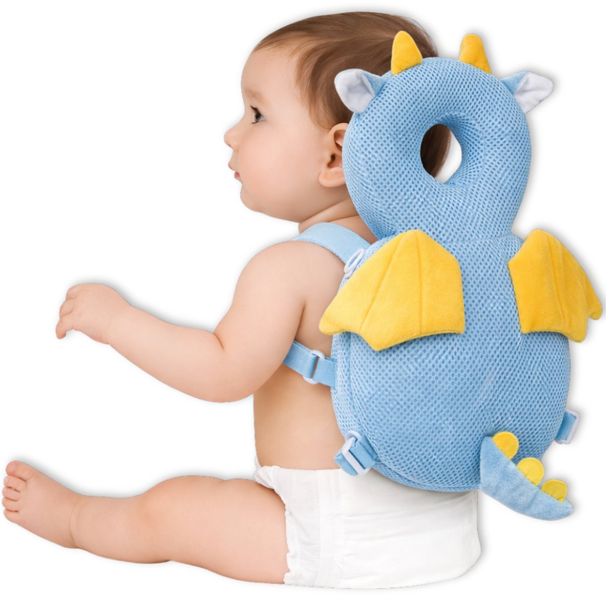 BoefieBoef Draak Baby Hoofdbeschermer - Valkussen Baby met Dierendesign - Valrugzak Lichtgewicht 190 g - Verstelbare Borstband - 4-36 Maanden - blauw