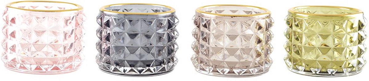 AULICA - 4 Gekleurde kandelaars met gouden randen - 7x7x5.5cm - set 4 stuks