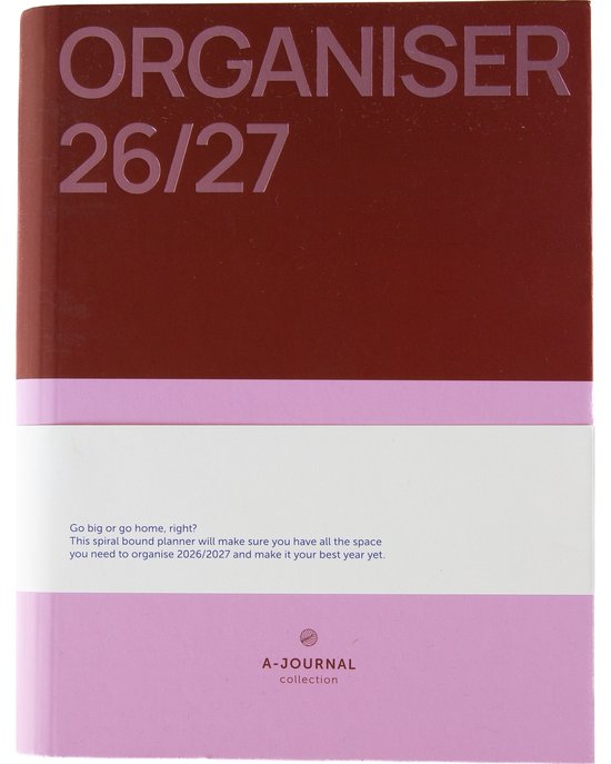 Spiraalgebonden agenda 2026/2027 met een bordeauxrode kaft, witte en roze banden. Tekst: ORGANISER 26/27.