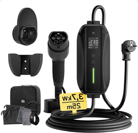 Draadbare EV Lader - Oplaadkabel Elektrische Auto - Thuis Elektrische Auto Laden - Instelbaar Laadvermogen - 25 meter - Zwart
