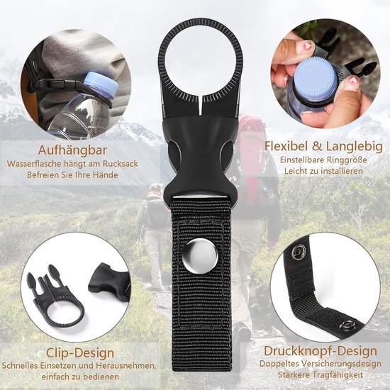 Set van 12 flessenhouders voor aan de riem, zwarte nylon flessenhouderclips, flessenhouder voor aan de tas, karabijnhaak flessenhouder set, waterfleshouder gespen, waterfleshaak voor buiten — afbeelding 3