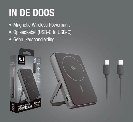 Grijze powerbank met standaard en USB-C kabels. Tekst: 'In de doos'.