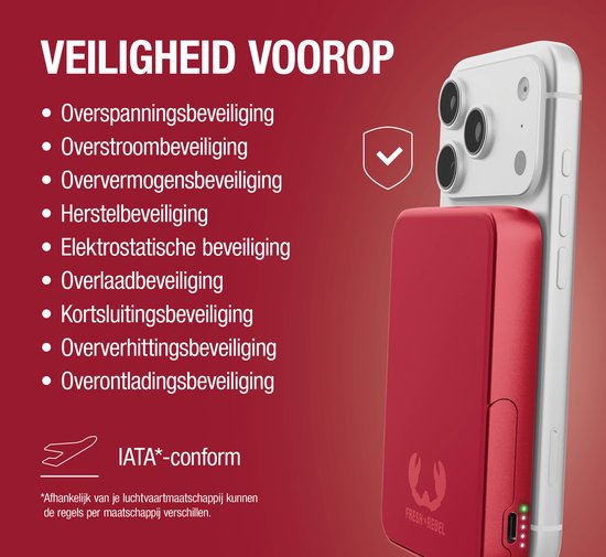 Een rode magnetische powerbank met een iPhone, met een lijst met veiligheidsfuncties.