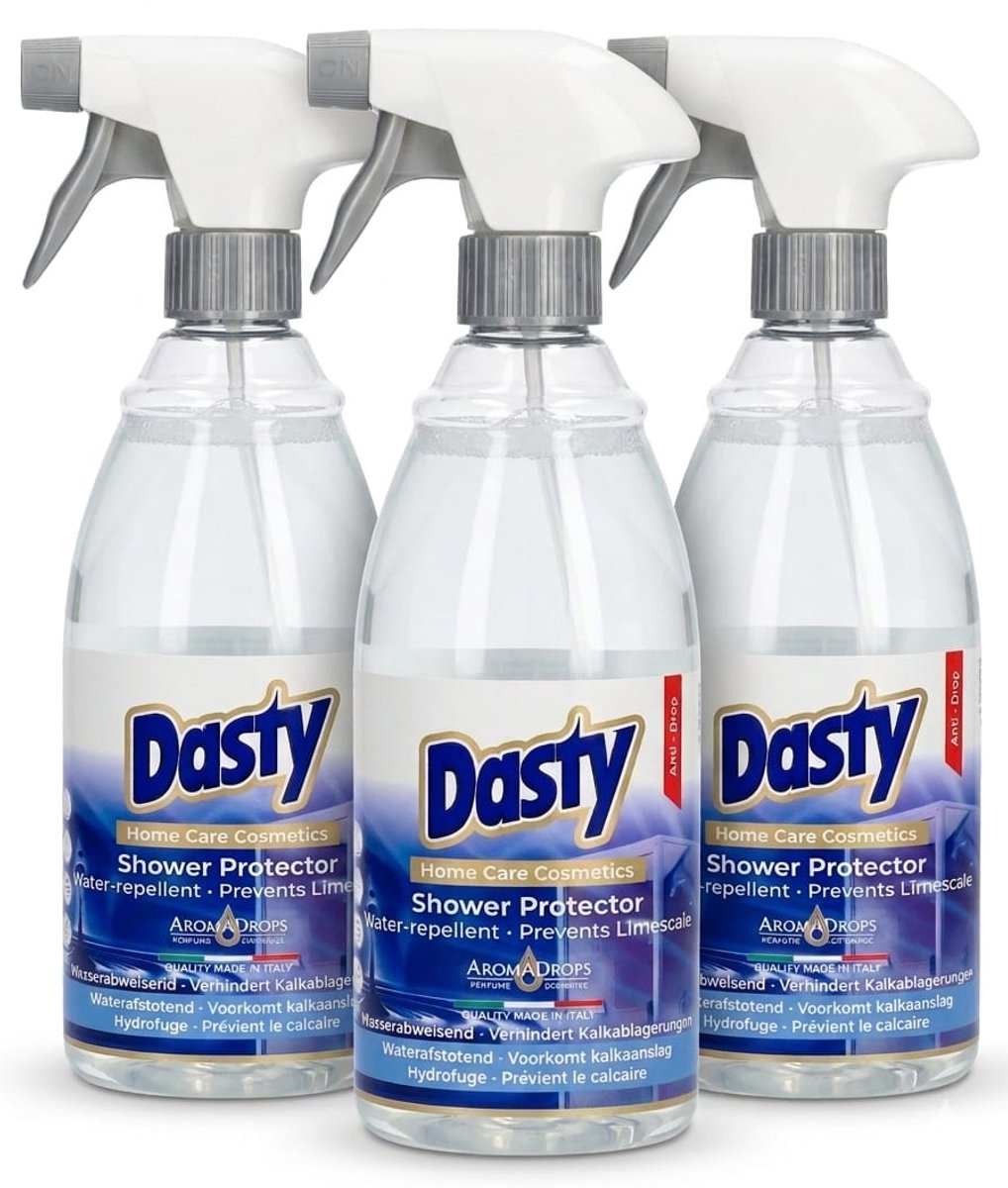 Dasty Shower Protector - 3-Pack (3x 600ml) - Anti-Kalk Spray - Waterafstotend & Kalkwerend - Badkamerreiniger met Aroma Drops Parfum