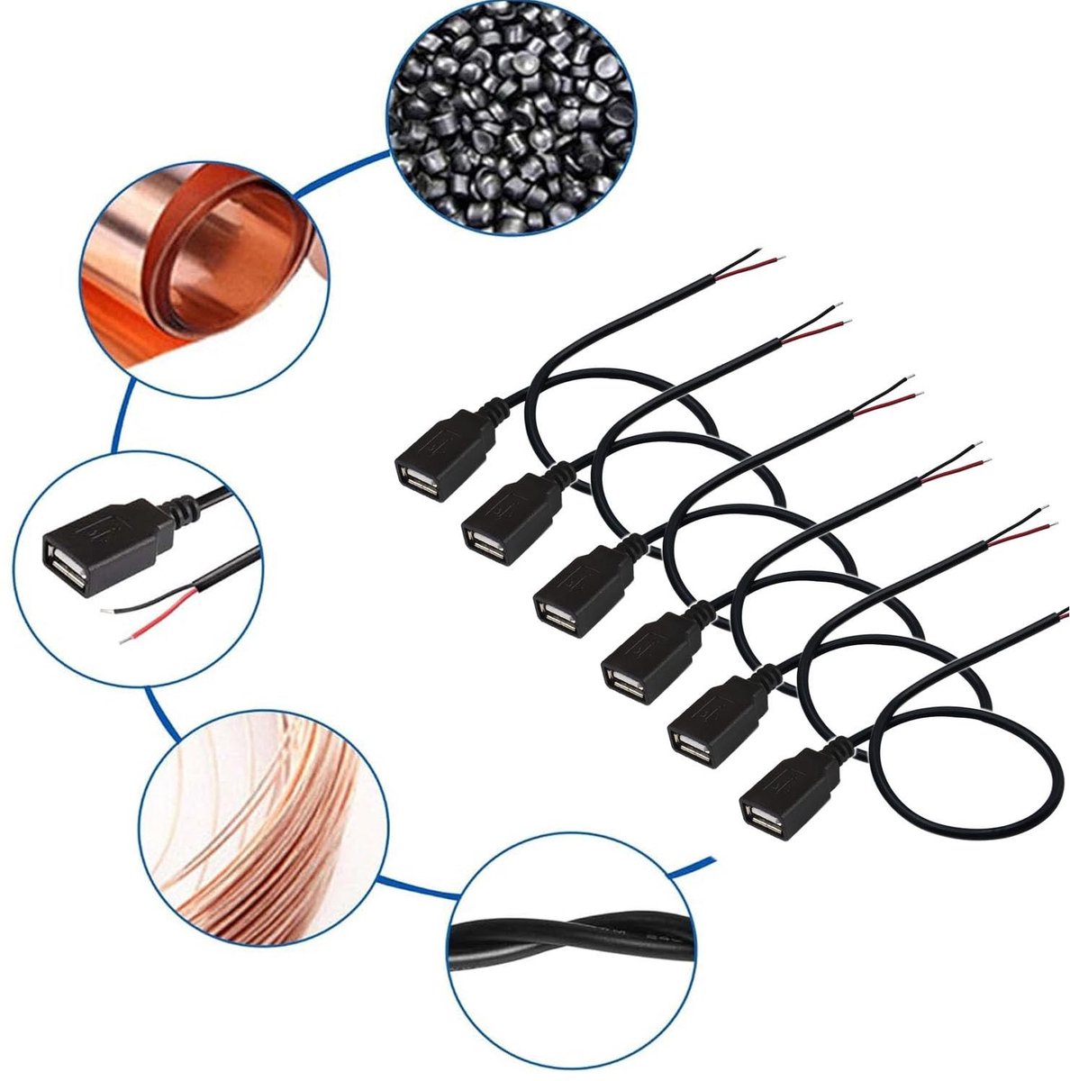 RUNCCI-YUN 6-pack USB 2.0 Soldering Ports - 30cm Pigtail Kabel voor DIY Reparatie