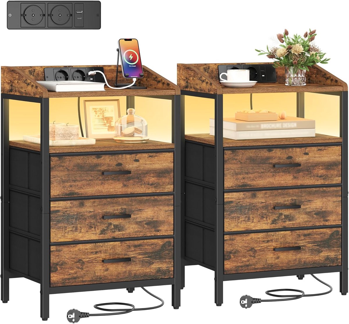 HOMESY Nachtkastjes Set van 2 met LED Licht en Oplaadstation, Eindtafel met 3 Stoffen Opbergladen, Bijzettafel met USB Poorten, Nachtkastje voor Slaapkamer, Vintage Bruin-Zwart