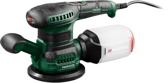 Parkside excentrische schuurmachine met stofopvangbak. Groen en zwart met rode details.