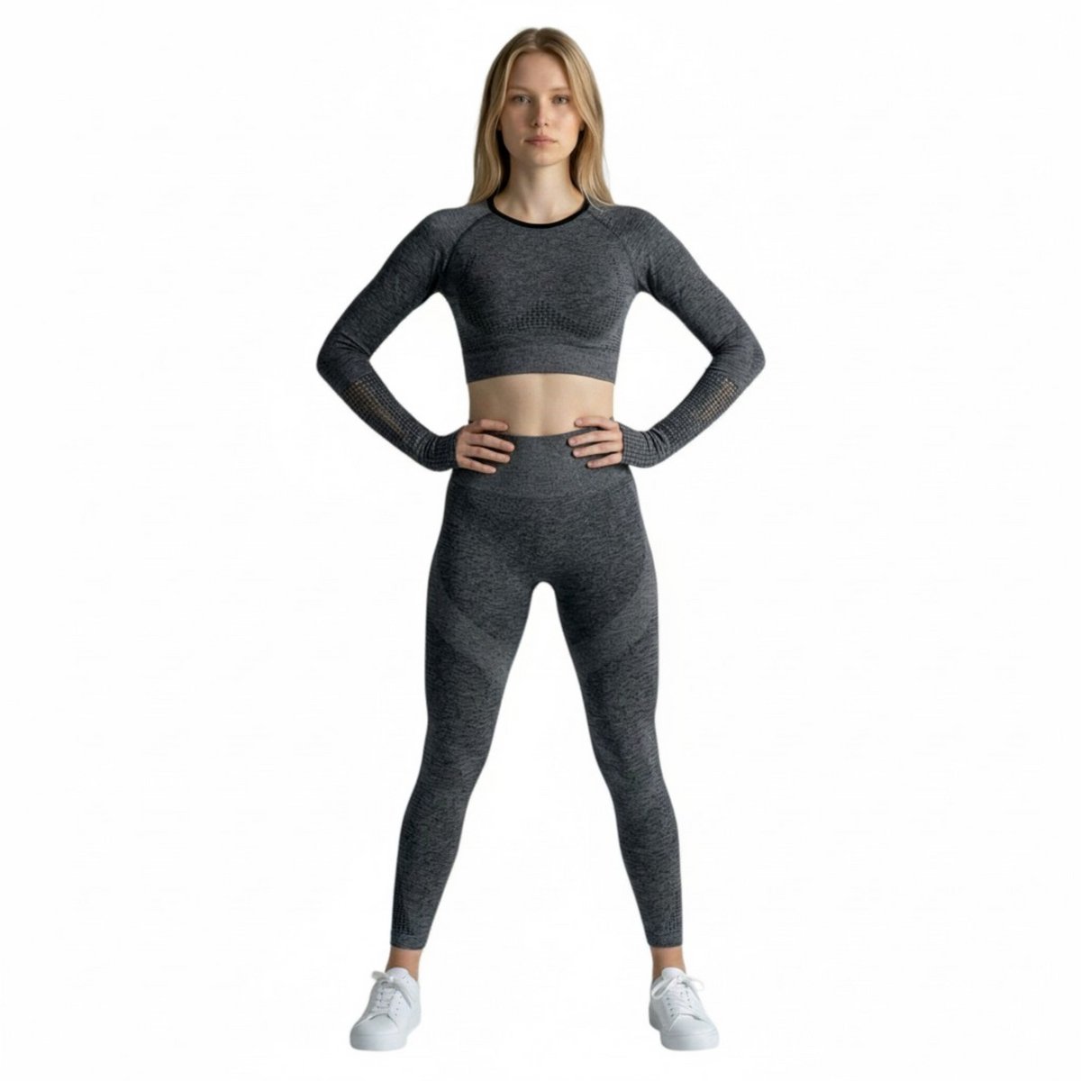 Mives® Sportlegging en Top - Yoga - Fitness set - Scrunch Butt - Dames Legging - Sportkleding - Fashion legging - Sport Broeken - Gym Sports - Legging Fitness Wear - High Waist - GRIJS - maat M - LANGE MOUW
