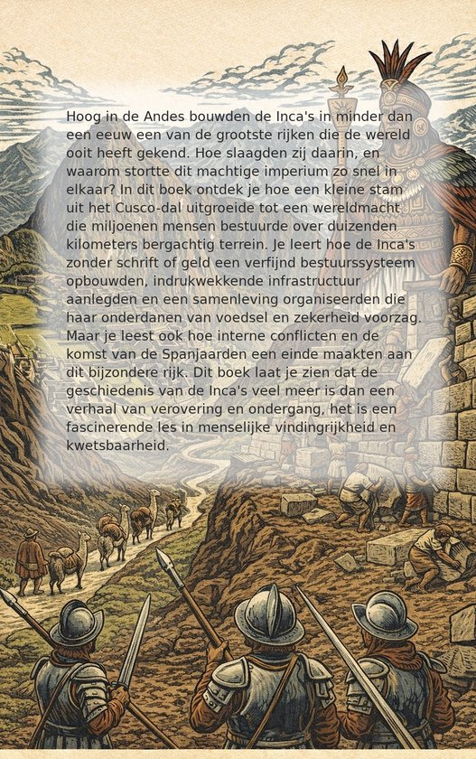 Een Inca-leider met veren hoofdtooi staat voor een stenen muur met uitzicht op een vallei met lama's en Spaanse conquistadores.