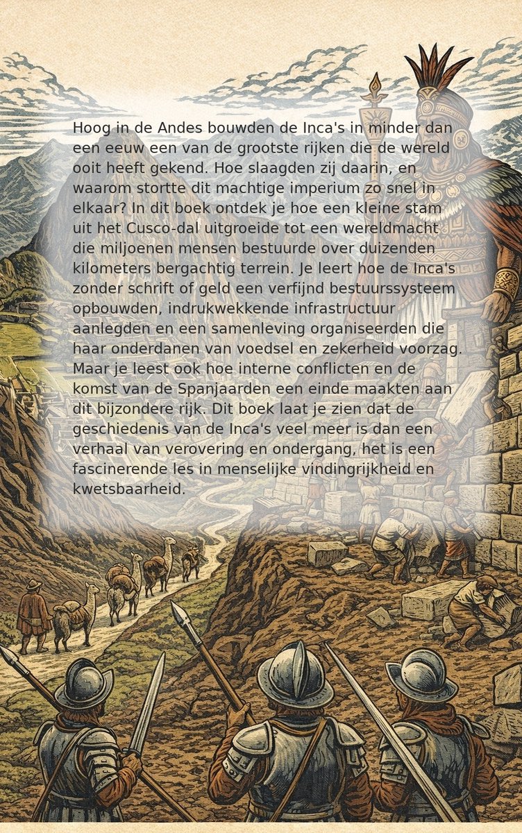 Een Inca-leider met veren hoofdtooi staat voor een stenen muur met uitzicht op een vallei met lama's en Spaanse conquistadores.