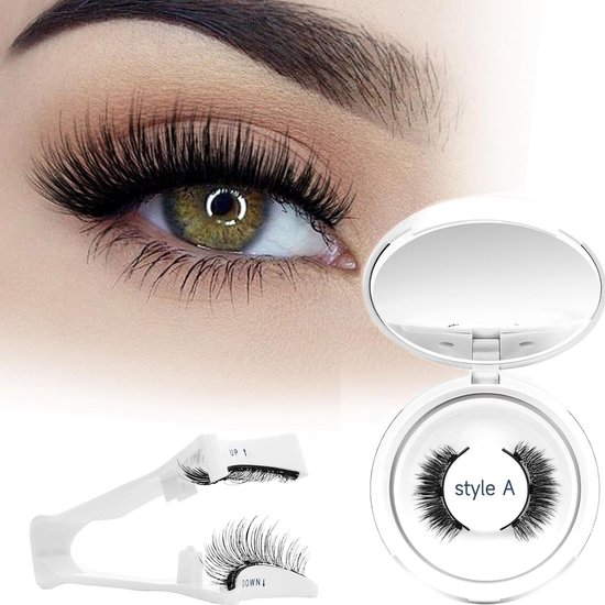 Close-up van een vrouwelijk oog met wimpers. Een doosje met magnetische wimpers en een applicator.