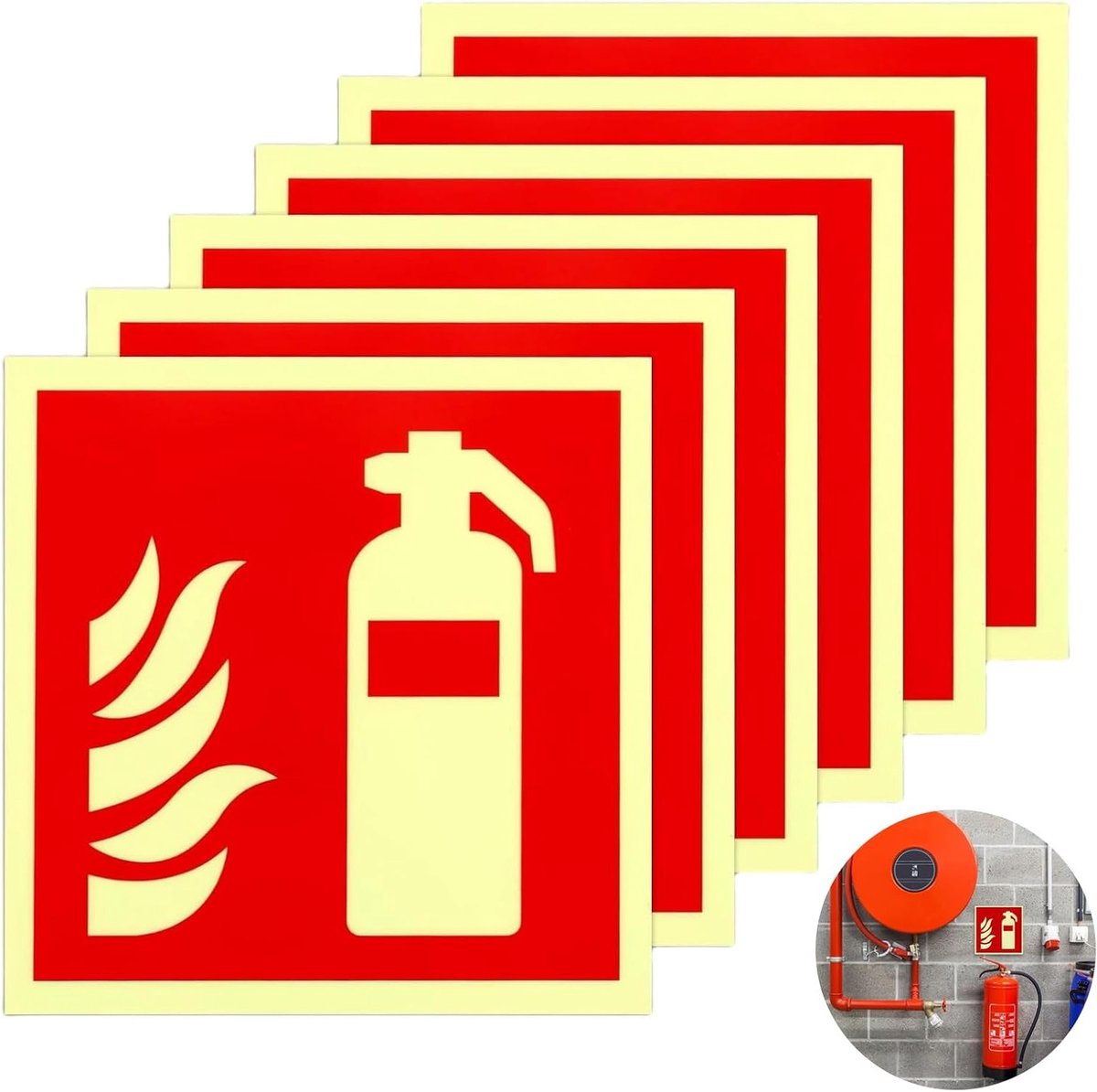 Signaal voor brandblusser, 6 afbeeldingen, 15 x 15 cm, sticker voor brandveiligheid, binnen- en buitentoepassing, brandpreventie en veiligheidsinformatie