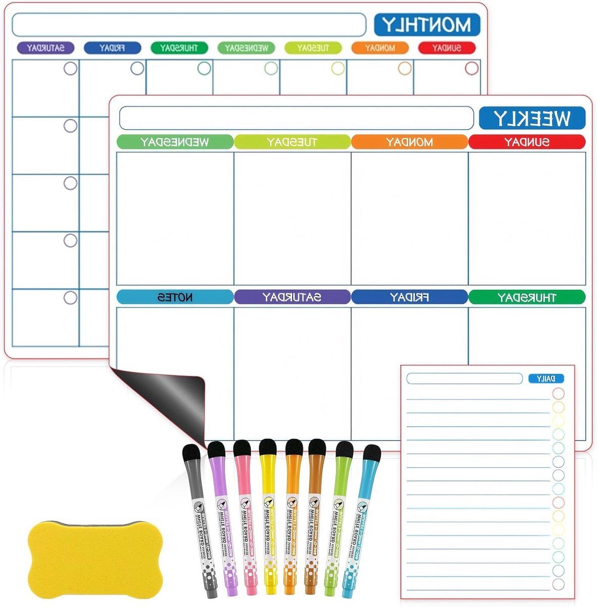 Witte magnetische schrijfplaat met 8 markers en 1 gum, ideaal voor wekelijkse, maandelijkse en dagelijkse planning, gezinsplanning en takenlijst