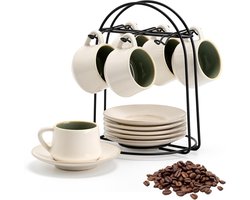 Keramische koffiekop en schotel set van 6 × 130 ml met zwarte metalen standaard, stapelbaar voor cappuccino, espresso, latte en thee in leuke patchworkkleuren