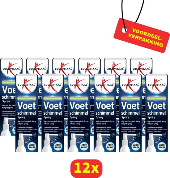 Voordeelverpakking: 12 x Lucovitaal voetschimmel spray met 'Fast Spray'-spuitbus. De verpakking is rood, wit en blauw met tekst.