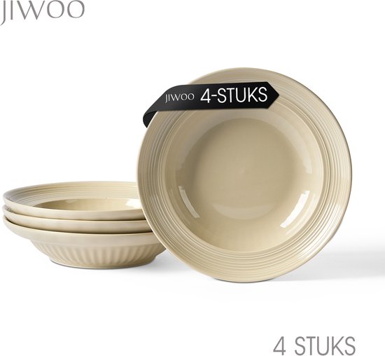 Een stapel van vier beige Jiwoo pastaborden op een witte achtergrond met de tekst '4 STUKS'.