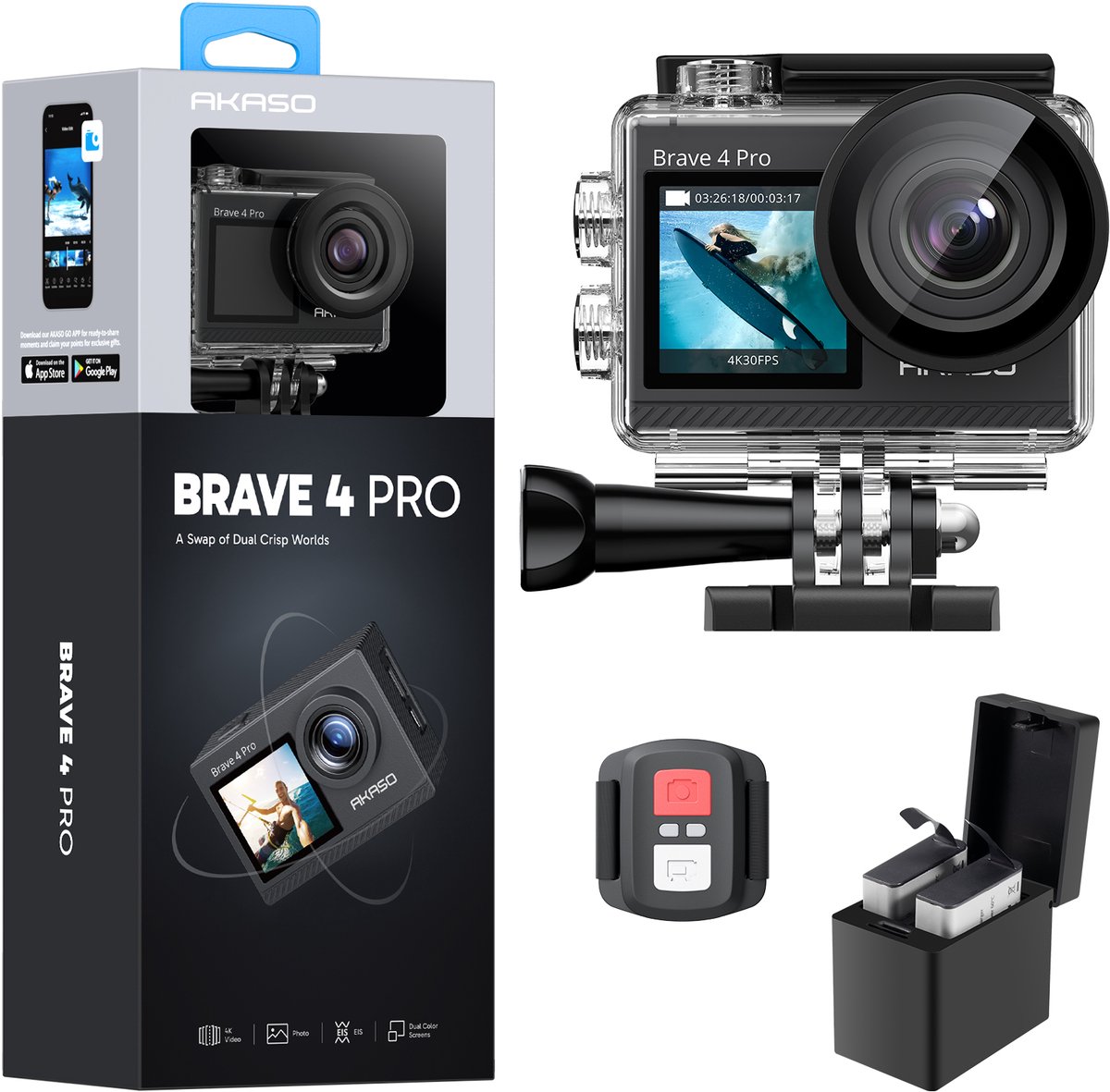 AKASO Brave 4 Pro Action Camera 4K – WiFi – 40 m Waterdicht – Dubbel Touchscreen – 5× Zoom – Afstandsbediening – Inclusief 2×1350mAh Batterijen & Accessoires – Grijs