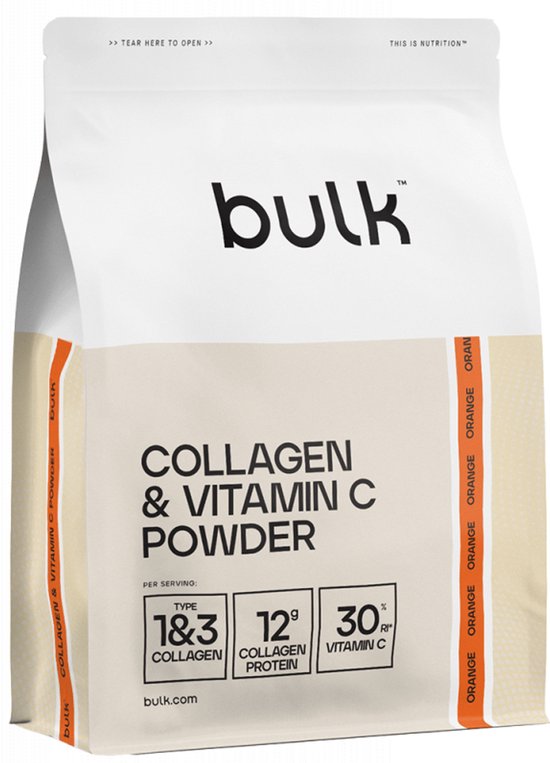 Bulk Collageen & Vitamine C Poeder, 500g sinaasappel smaak. 'Collagen & Vitamin C Powder' op de verpakking.