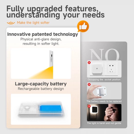 Epochglo Nachtlampje met Bewegingssensor Set van 8 - USB-C Oplaadbaar - 3 Lichtkleuren - Dimbaar - Magnetische Plakstrip - LED Trapverlichting & Kastverlichting Voor Gangen, Kinderkamers, Slaapkamers, Keuken - Wit van Epochglo — afbeelding 4