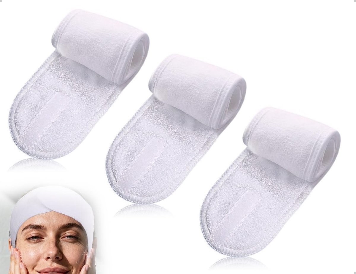 Cosmetische haarbanden voor SPA, douche, gezichtsreiniging en make-up, set van 3, ideaal voor dagelijks gebruik en reizen (wit)