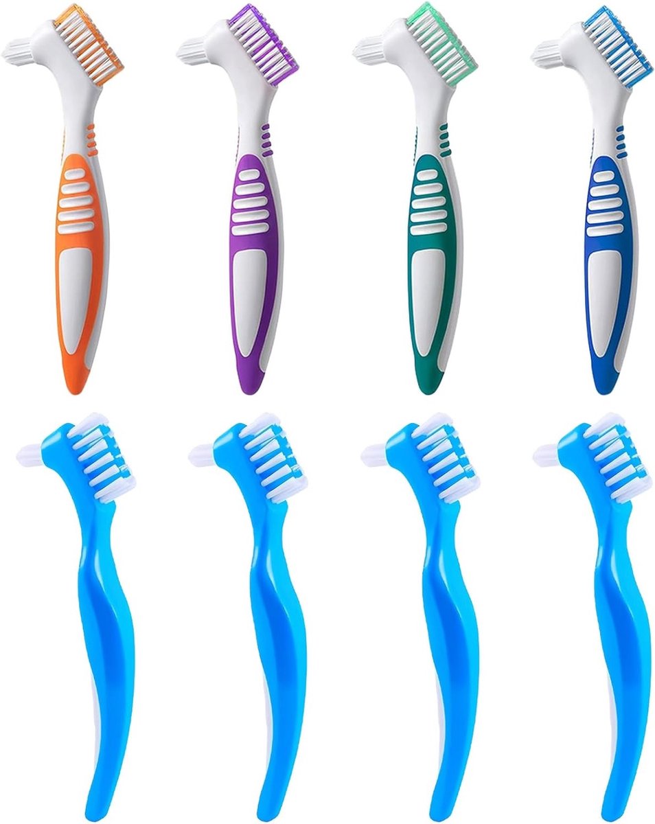 Dubbelloop Tandprothese Tandenborstels, 8 Stuks voor Beugels, Retainers en Aligners, Grondige Reiniging van Kleine Hoeken, Ergonomisch Ontwerp voor Senioren en Kinderen