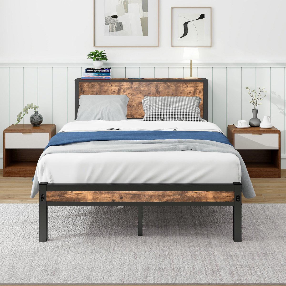 VVBV Metalen Bedframe 120x200 cm met Opberg-hoofdbord, Eenpersoonsbed, Vintage Bruin, Geruisloos, Geen Boxspring Nodig