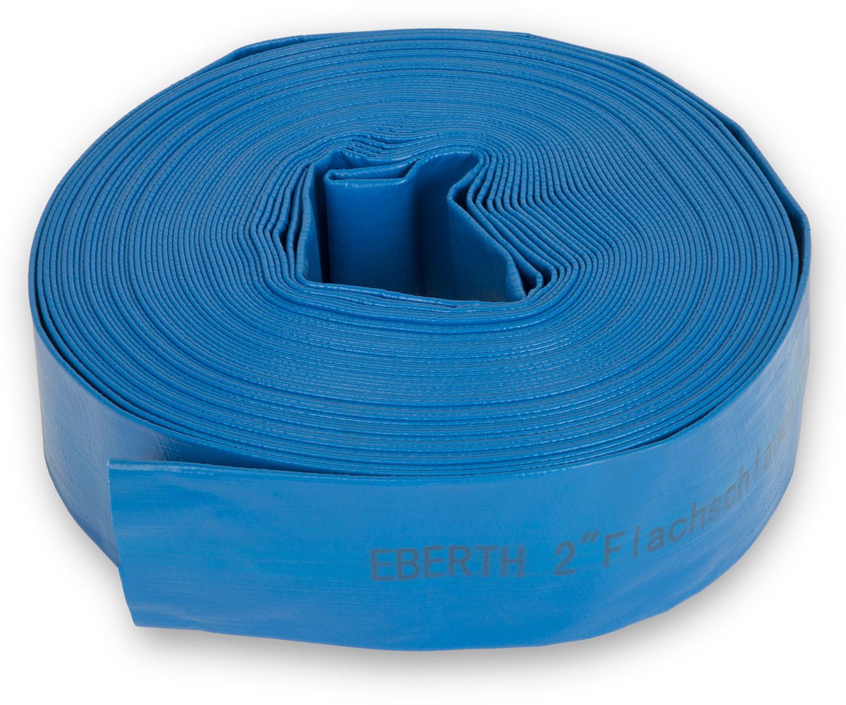 EBERTH 2" platte tuinslang voor pompen, 30 m lang, 2 inch, diameter 52 mm, flexibel, stevig PVC, industriële slang, waterslang voor besproeiing, in blauw