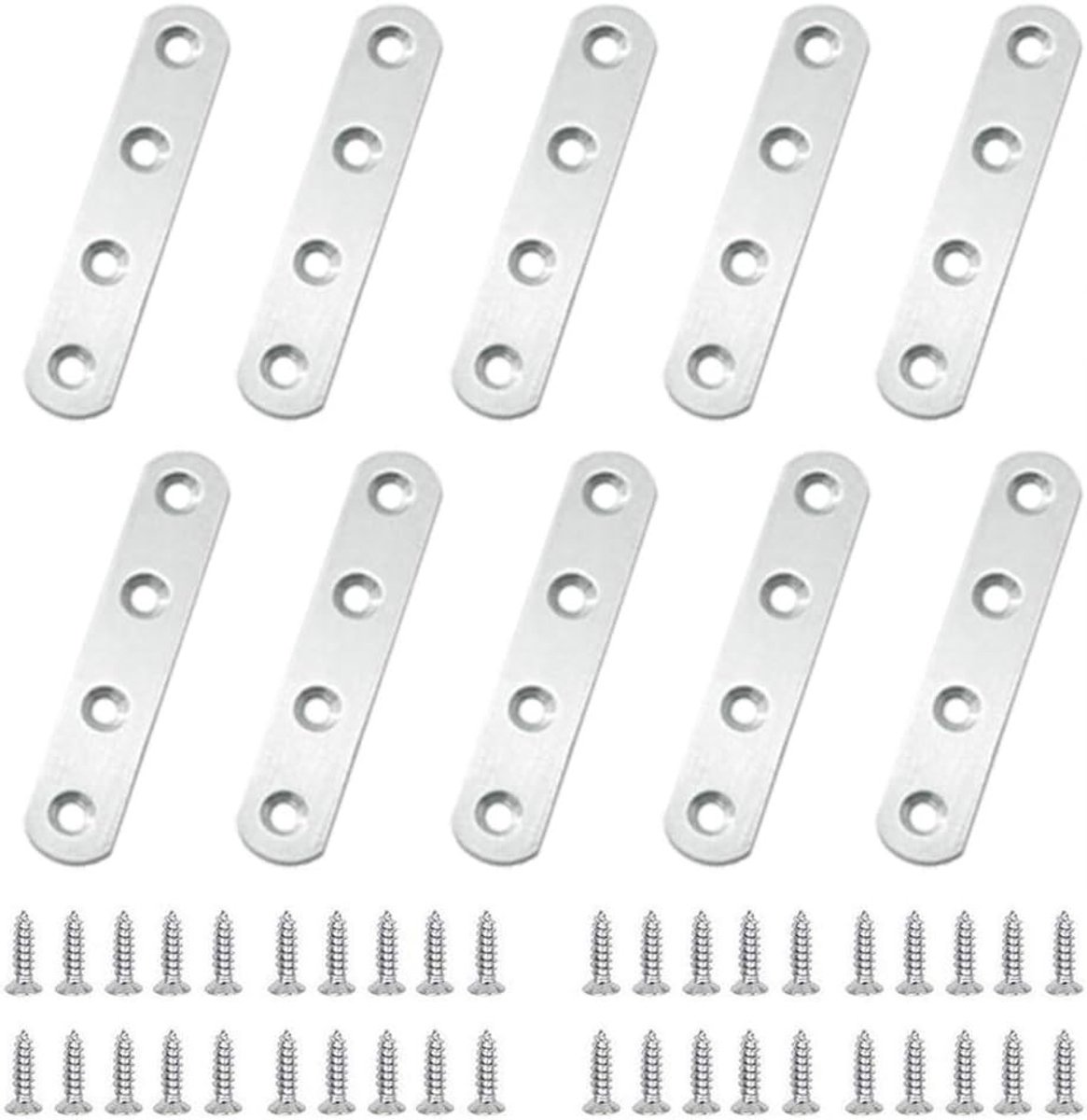 Pack van 10 platte hoekenbeugels 80 x 16 mm, roestvrijstalen houtverbindingen met 4 gaten en 40 schroeven voor meubels
