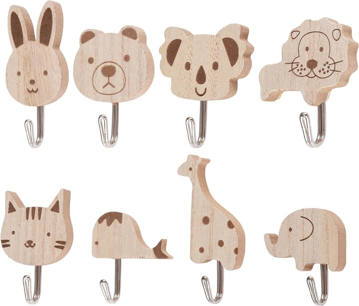Houten Kinder Kleding Haken Set van 8 Zelfklevende Dieren voor Kinderen - Olifant, Walvis, Kat, Leeuw, Konijnen, Giraffe - Ideaal voor Kinderkamer, Badkamer en Hal