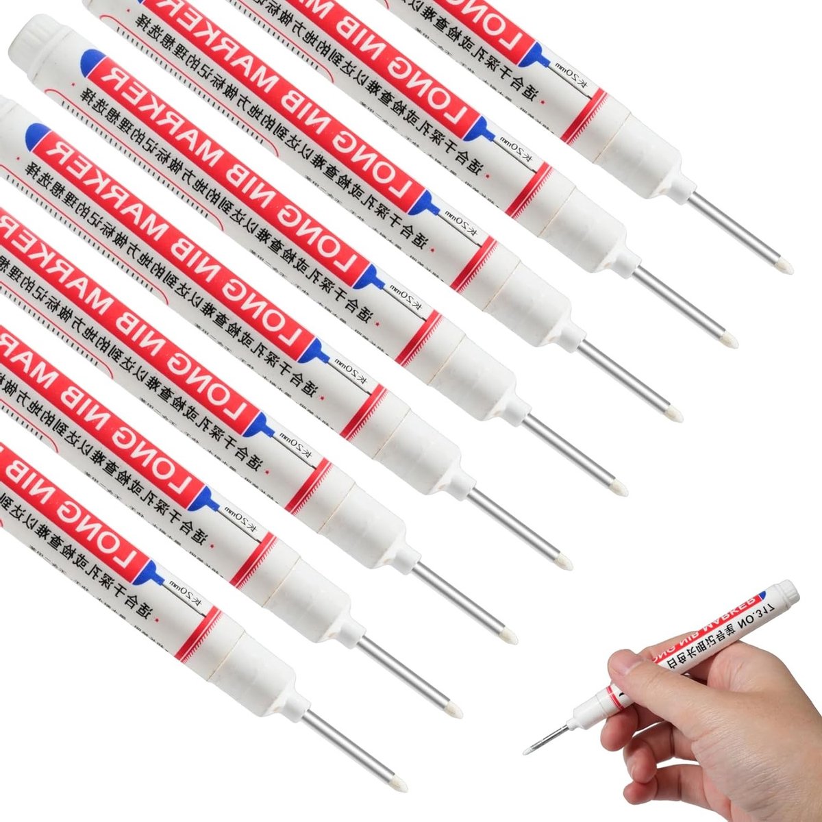 Diepe Gaten Marker Pennen Set van 8 Stuks met 20mm Lange Punt - Waterdichte Markers voor Hout, Metaal, Plastic en Karton, Ideaal voor Bouwprojecten en Precisiewerk