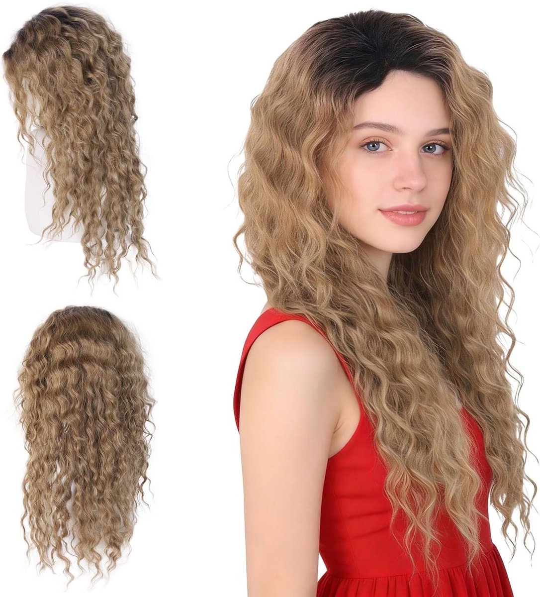 26 Inch Bruine Krullende Perucque voor Vrouwen met Zwarte Wortels - Ombre Stijl, Cosplay en Halloween, Synthetische Vezels