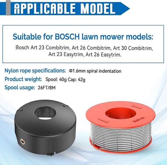 4-delige set - 3 spoelen + 1 afdekkap - geschikt voor Bosch F016800175 trimmerdraad - vervangende grastrimmerlijn, F016L71088 beschermkap, diameter 1,6 mm - grastrimmer accessoires van Merkloos	 — afbeelding 5