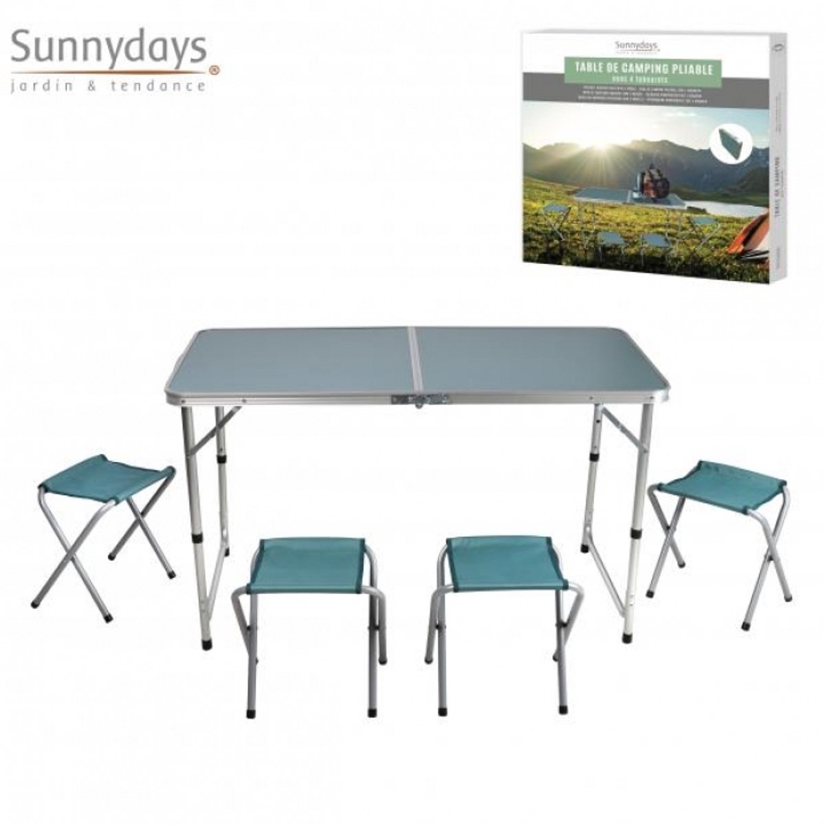 Sunnydays camping tafel/krukjes - opvouwbaar - blauw - L120 x B60 x H67 cm - Bijzettafels