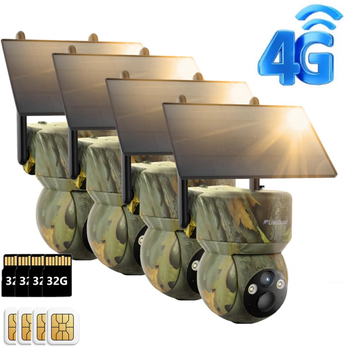 usogood 4G LTE-wildcamera op zonne-energie - 360° 2K - met simkaart en 32 GB geheugenkaart - app voor mobiele gegevensoverdracht - waterdicht - 7800 mAh-batterij - 4Stuks