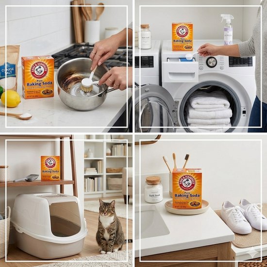 Vier beelden tonen Arm & Hammer Baking Soda in diverse huishoudelijke toepassingen: schoonmaken van een pan, in de wasmachine, bij een kattenbak en op een wastafel.