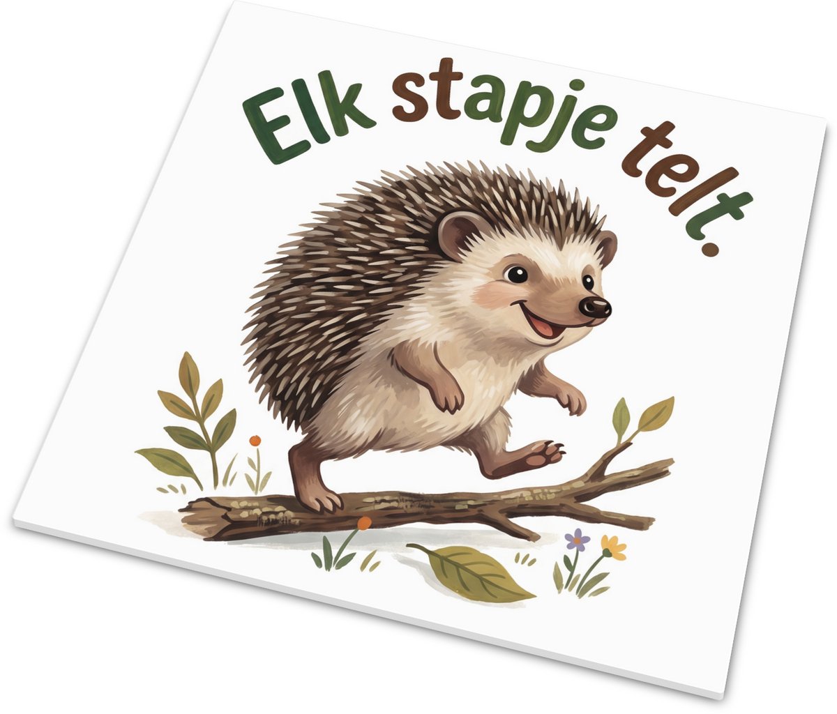 Glanzend wandtegeltje met vrolijke wandelende egel en inspirerende quote Elk stapje telt m