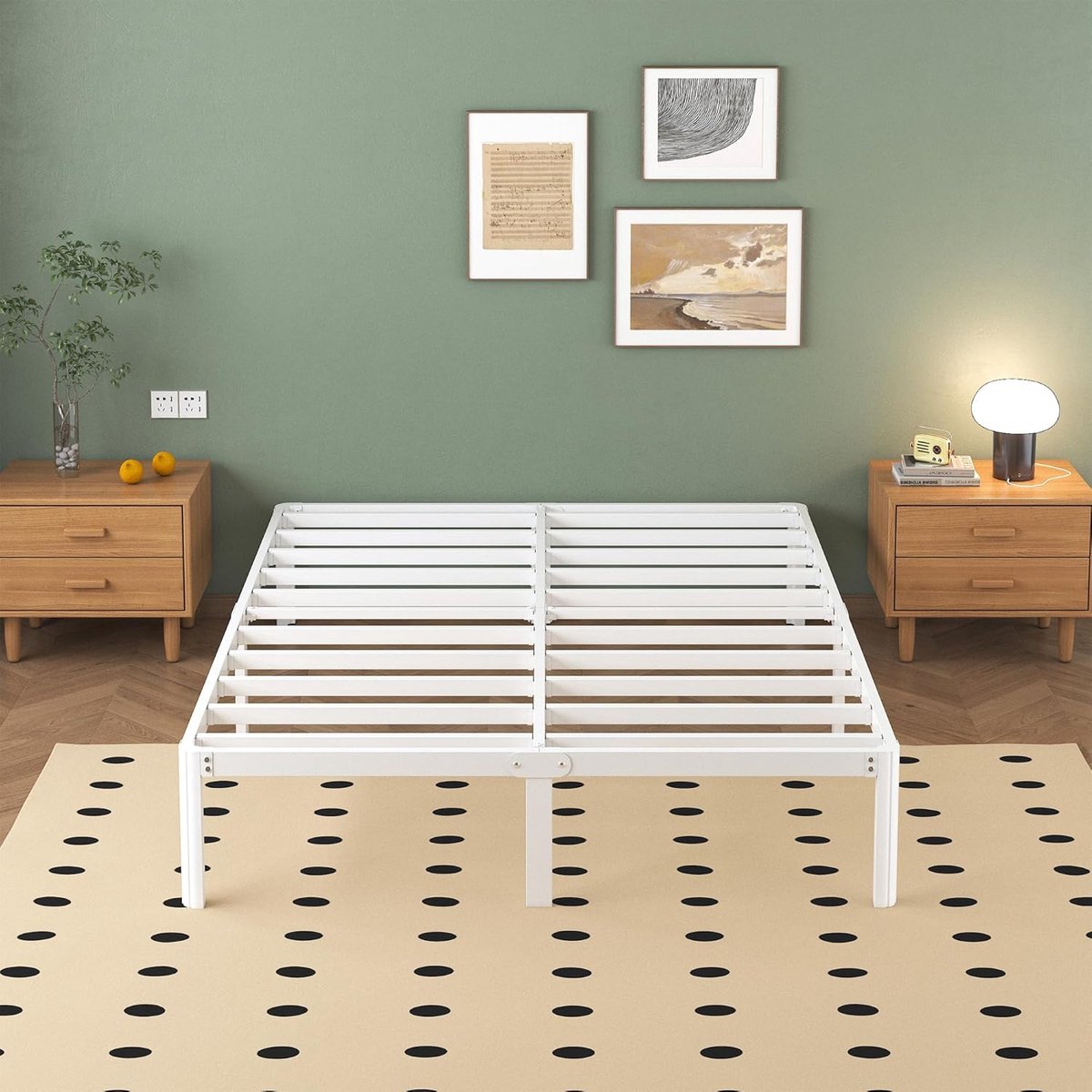 Modern Luxe Metalen Tweepersoonsbed 160x200 cm – Wit Bedframe met Ronde Poten, Geluidloos Slaapcomfort, 36 cm Hoog, Stevig Slattenframe