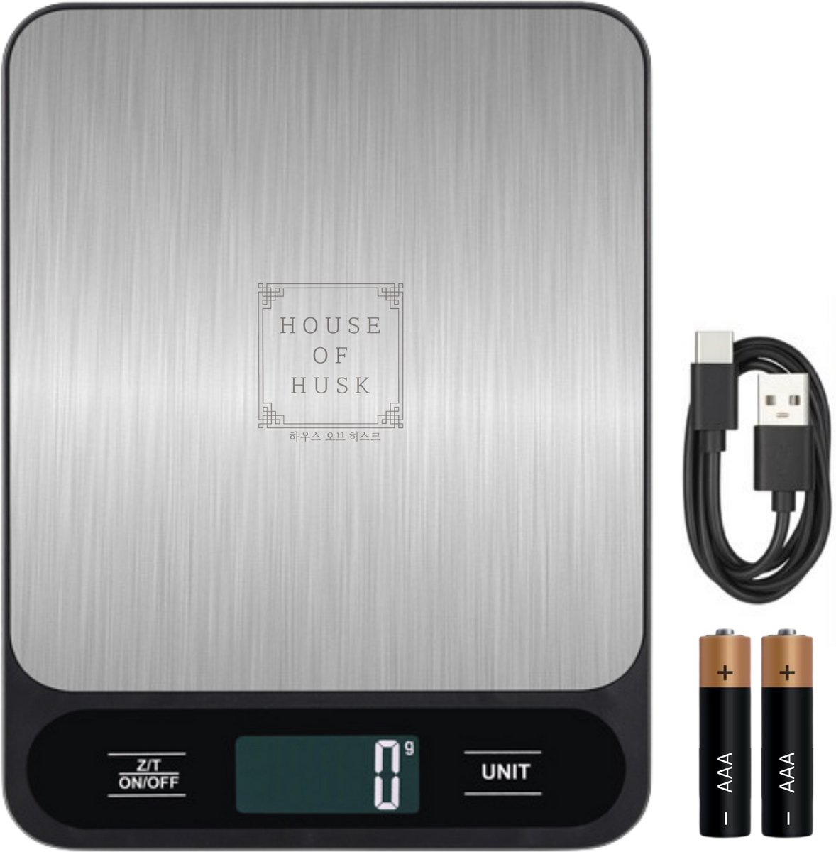 House of Husk Keukenweegschaal Digitaal - Weegschaal Keuken - 6 Eenheden - 1 g tot 5 kg - Tarra Functie - Oplaadbaar - Inclusief Batterijen - RVS/Zwart