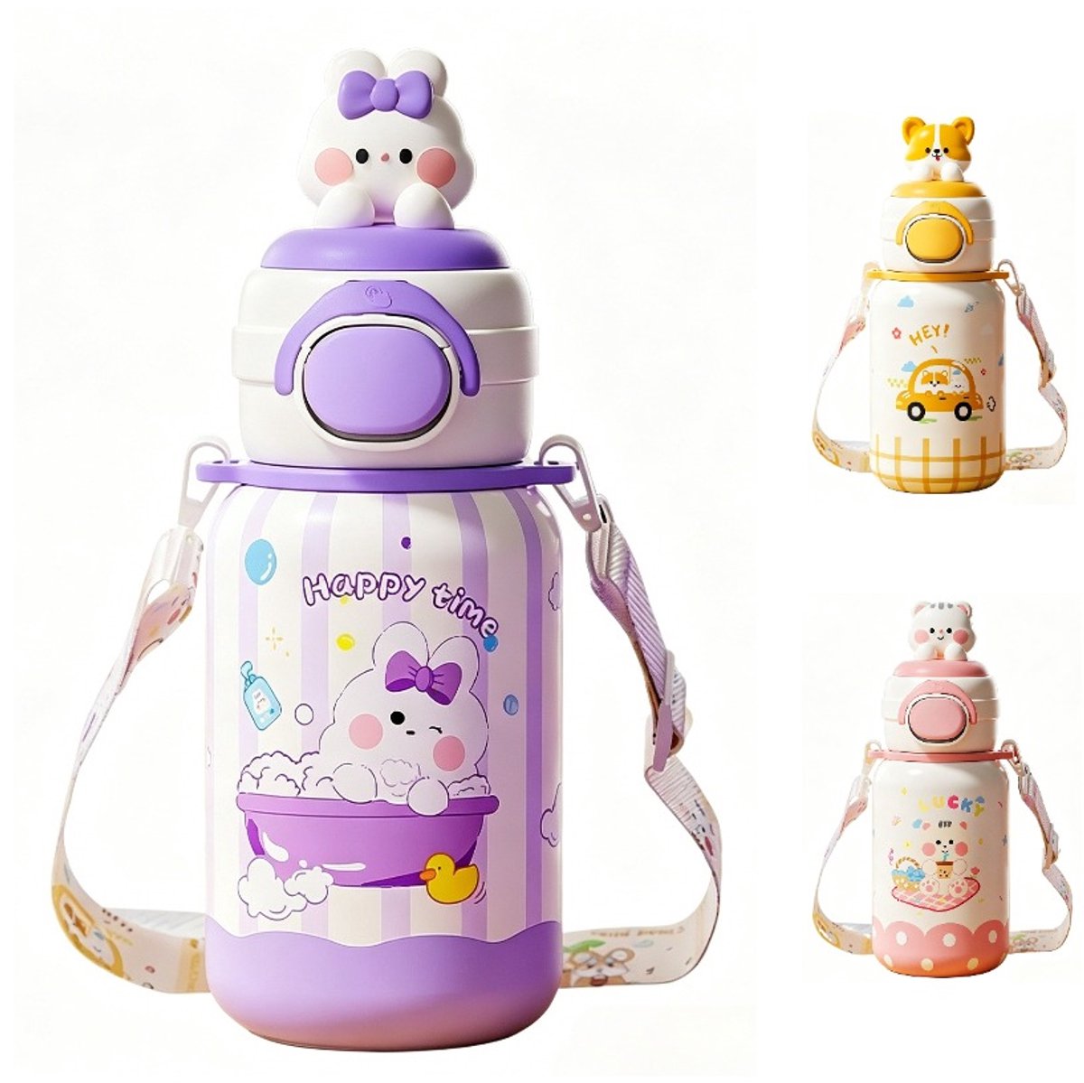 316 RVS Kinder Thermosfles & Kinderdrinkfles met Rietje en Drinktuit - 500ml Lekvrije Schoolbeker voor Meisjes & Jongens - 12u Warm/Koud Isoleerfles - BPA-Vrij & Food Grade - Ideaal Cadeau voor School, Sport & Onderweg - Met koord - konijnen