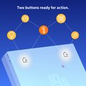 Wit Netatmo-thermostaat met twee knoppen en pictogrammen voor temperatuur, verlichting, tijd en stroom.
