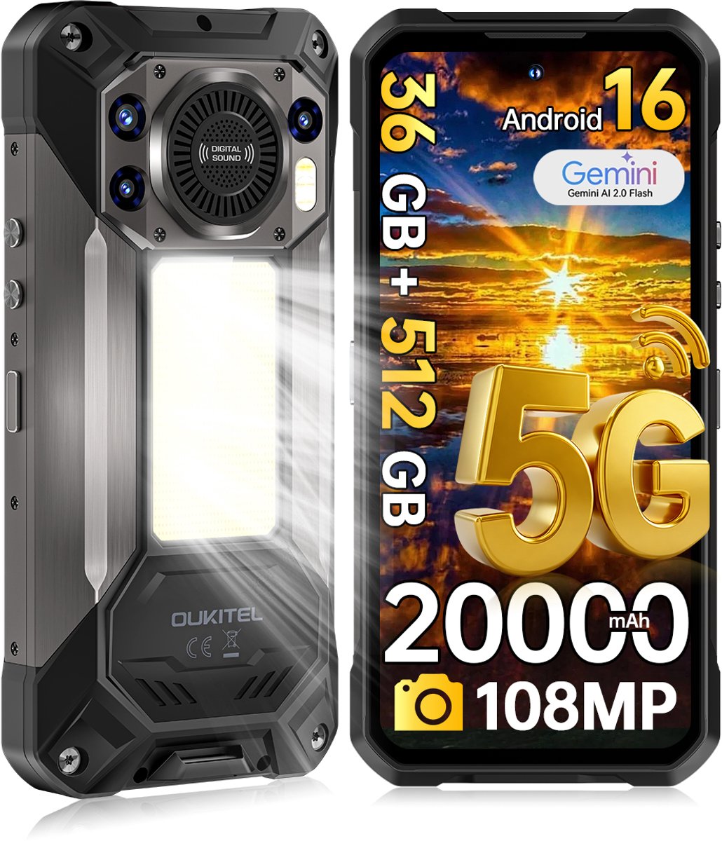 OUKITEL WP61 Rugged Smartphone 5G - 36GB RAM - 512GB ROM - 6,78 inch FHD+ 120Hz - 20000mAh 45W - 108 + 32MP Camera, met Nachtzicht - Android 16 - 120 LM Kampeerlamp - 130 dB Luidspreker - IP68/IP69K Outdoor telefoon - NFC GPS OTG - Zwart