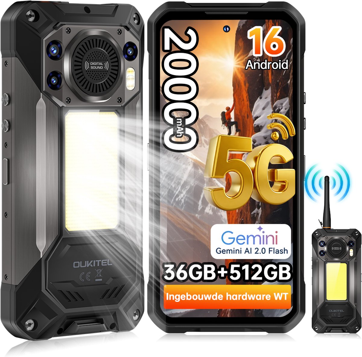 OUKITEL WP61 Plus Rugged Smartphone 5G - 2W DMR Walkie -talkie - 36GB RAM - 512GB ROM - 6,78 inch 120Hz - 20000mAh 45W - 108 + 32MP Camera, met Nachtzicht - Android 16 - 120 LM Kampeerlamp - 130 dB Luidspreker - IP68/IP69K telefoon - NFC GPS - Zwart