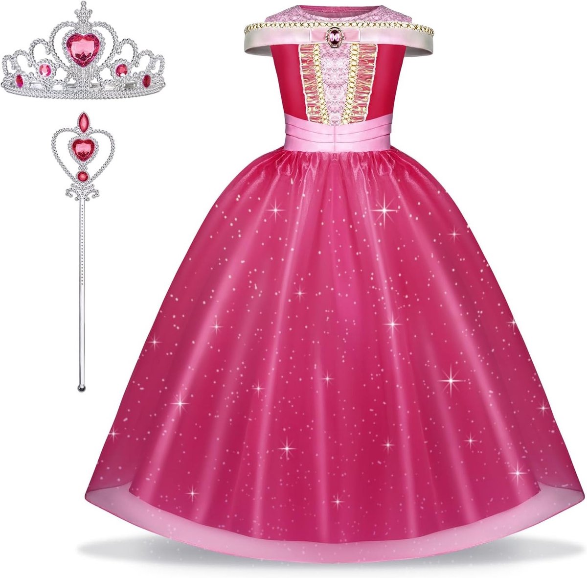 Prinsessen Kostuum voor Meisjes met Toverstok en Kroon, Sprookjesachtig Aurora Kostuum voor Feestjes, Carnaval en Halloween
