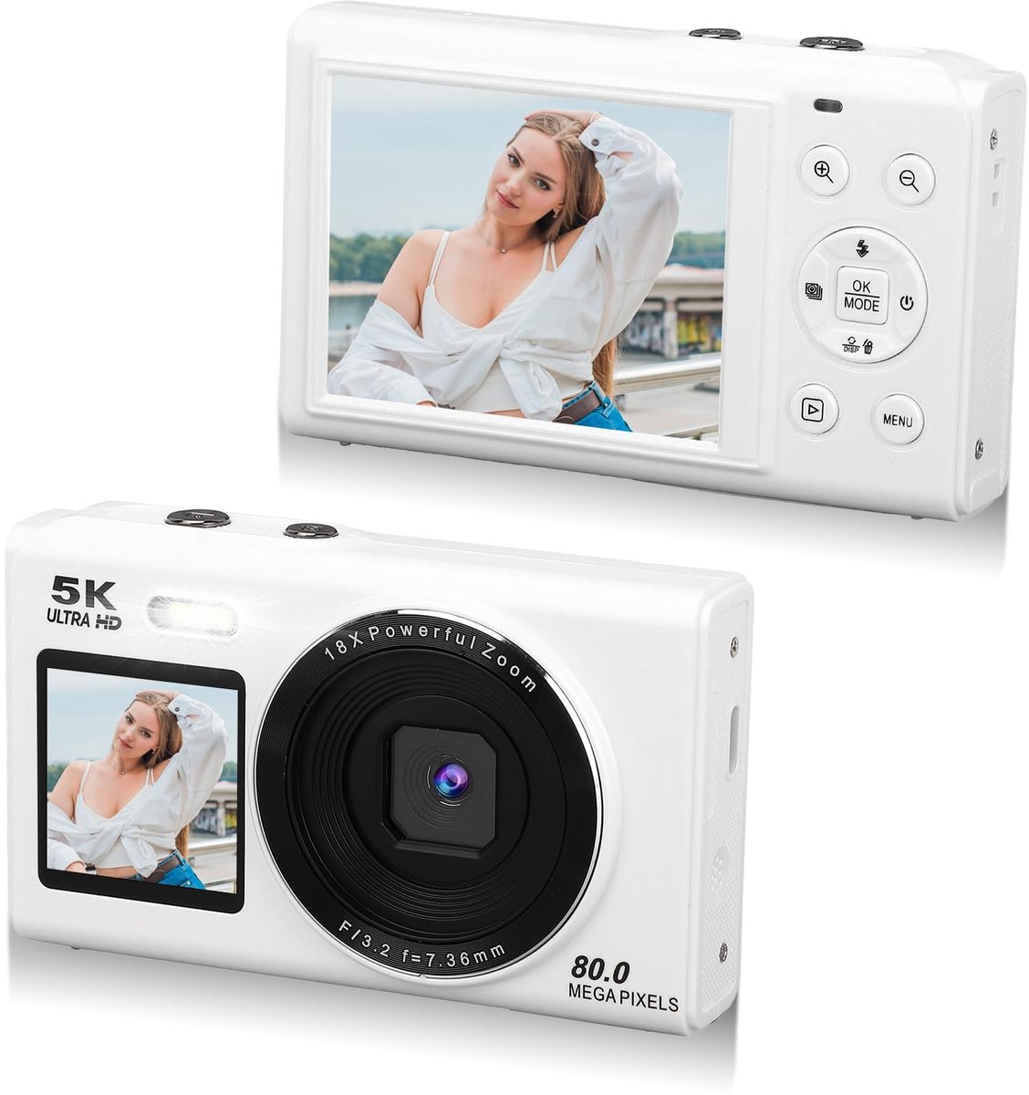 carmdering - Camera - Fotocamera - Compactcamera - Digitale camera - 5K 80MP, dubbel scherm, 8 modi, 21 filters, 18x zoom - Incl. 2 batterijen, 32GB kaart, tas - Perfect voor beginners en tieners - Wit